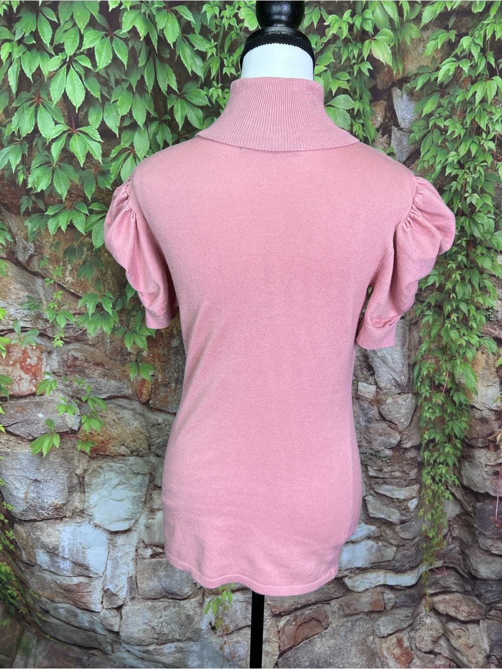 80 PARK Pink Turtleneck Ruched Puffy Short Sleeve Fitted Cottagecore Sweater, S - Picture 7 of 10